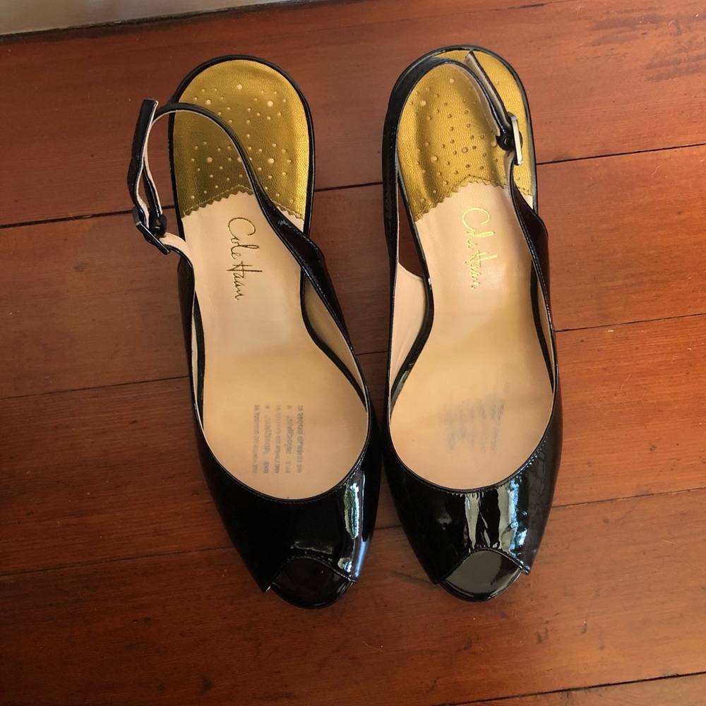 Cole Haan black patent leather peep toe sling back heels